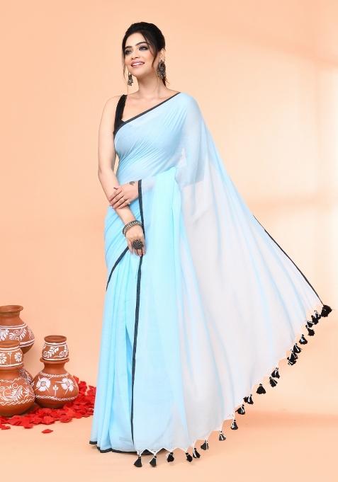 Aqua Blue Embroidered Cotton Saree