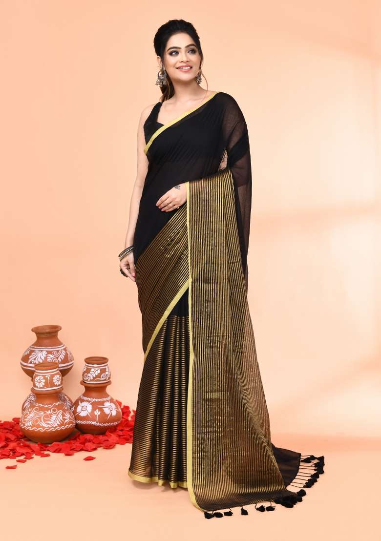 Black Embroidered Cotton Saree Set - Indya
