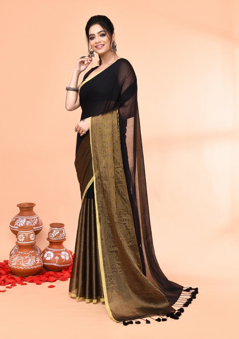 Black Embroidered Cotton Saree Set