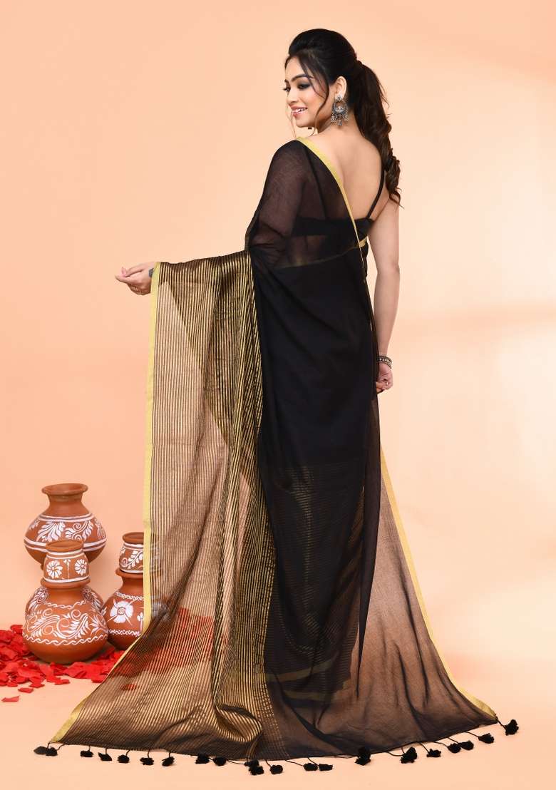 Black Embroidered Cotton Saree Set - Indya