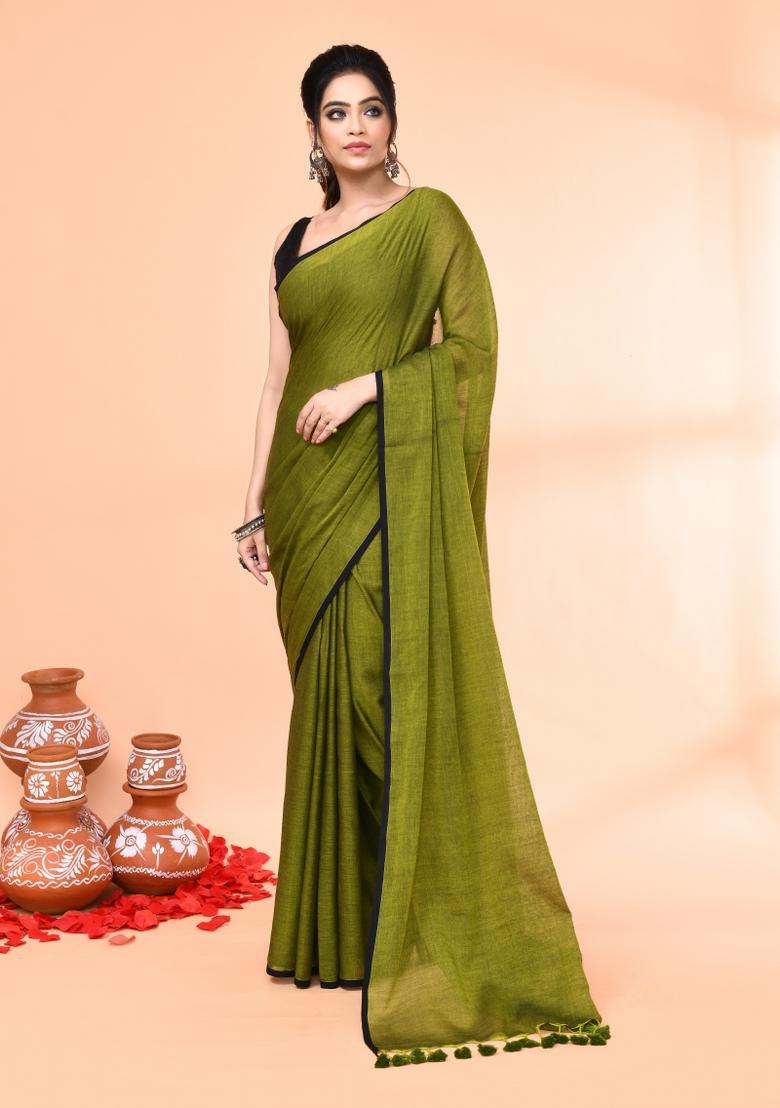 Olive Embroidered Cotton Saree
