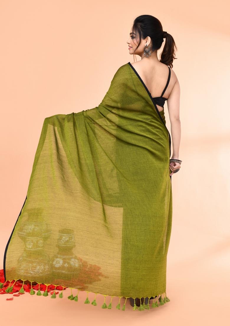 Olive Embroidered Cotton Saree