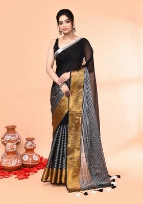 Black Embroidered Cotton Saree Set