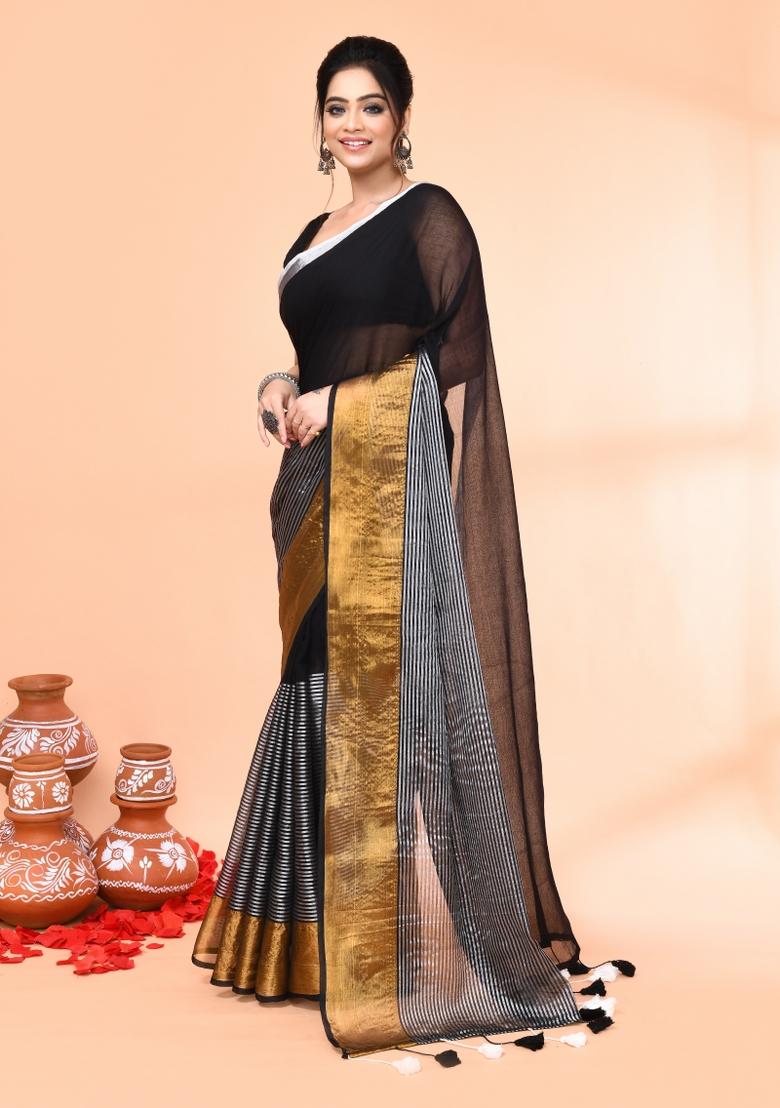 Black Embroidered Cotton Saree Set