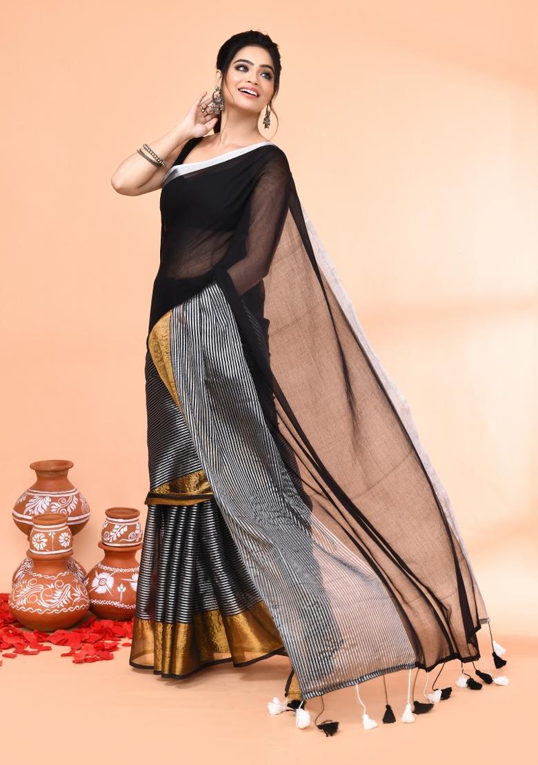 Black Embroidered Cotton Saree Set