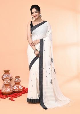 Off White Embroidered Cotton Saree Set