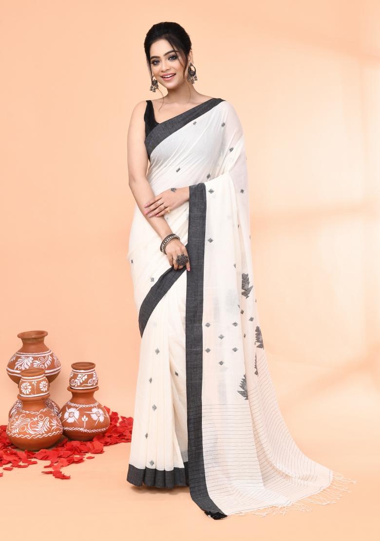 Off White Embroidered Cotton Saree Set