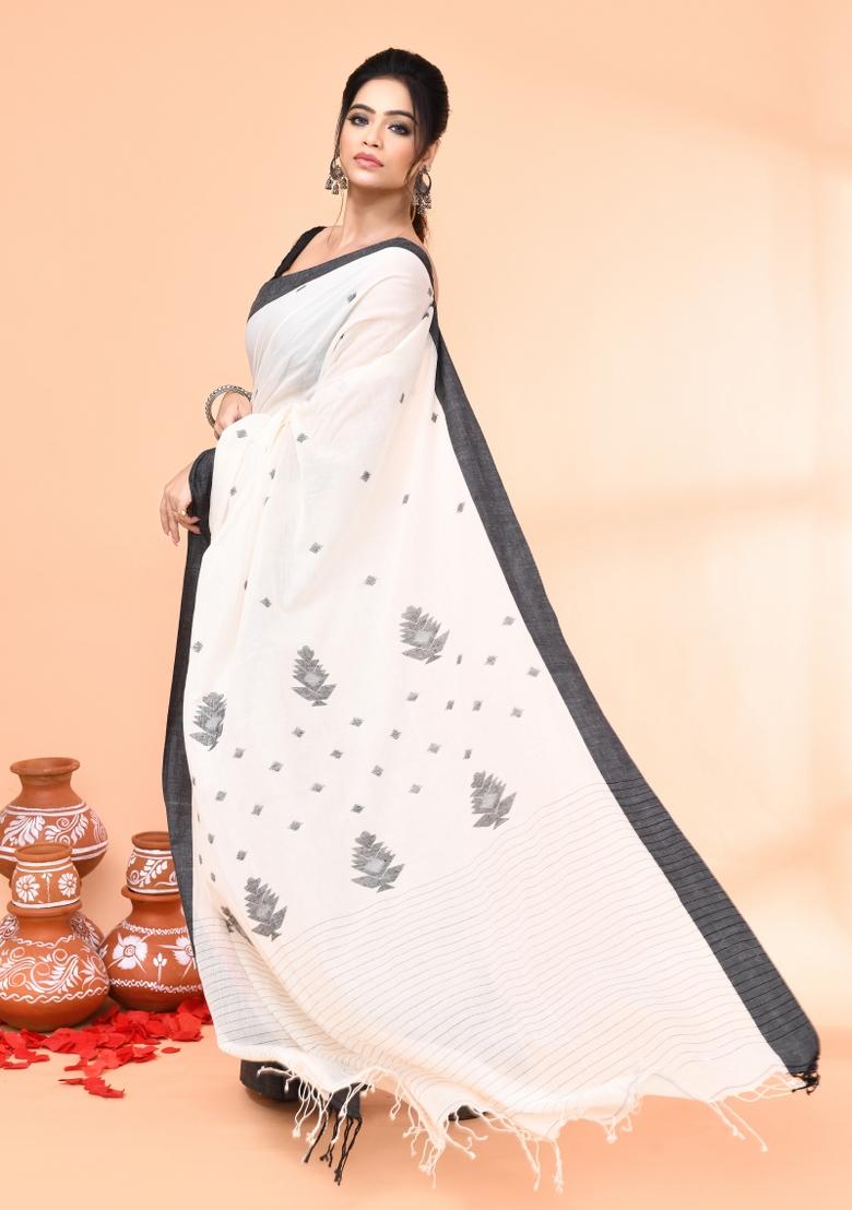 Off White Embroidered Cotton Saree Set