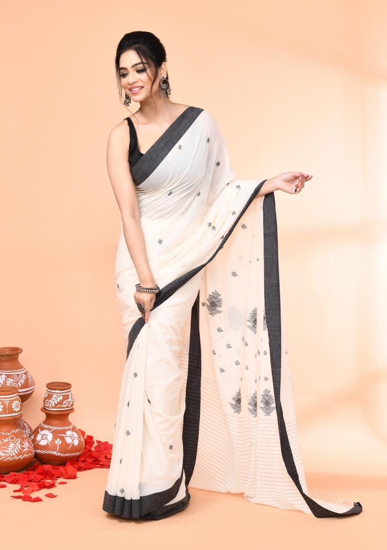 Off White Embroidered Cotton Saree Set