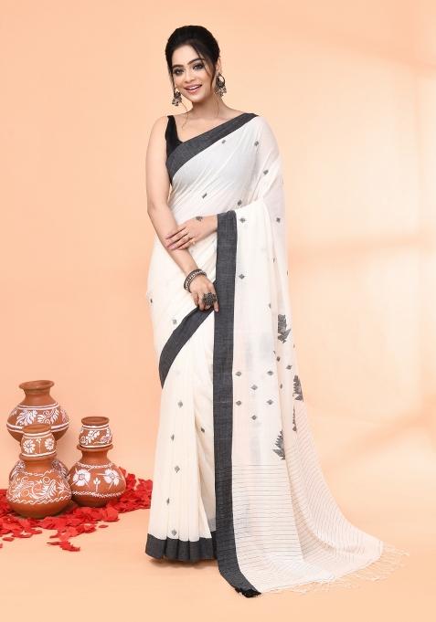 Off White Embroidered Cotton Saree Set