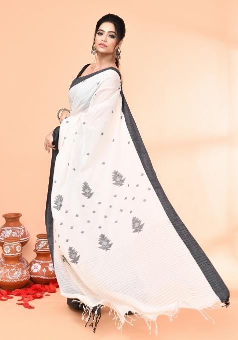 Off White Embroidered Cotton Saree Set