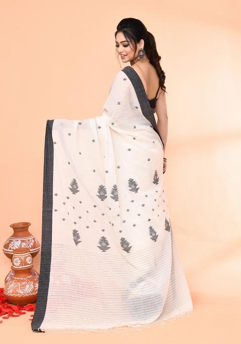 Off White Embroidered Cotton Saree Set