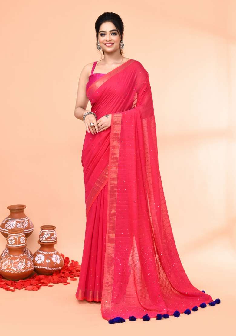 Pink Cotton Saree Set with Embroidered & Sequin for Diwali | Wedding & Festive Wear - Indya