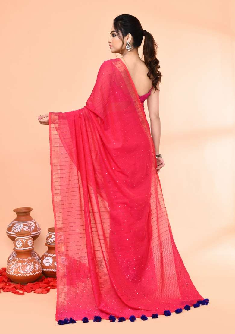 Pink Cotton Saree Set with Embroidered & Sequin for Diwali | Wedding & Festive Wear - Indya
