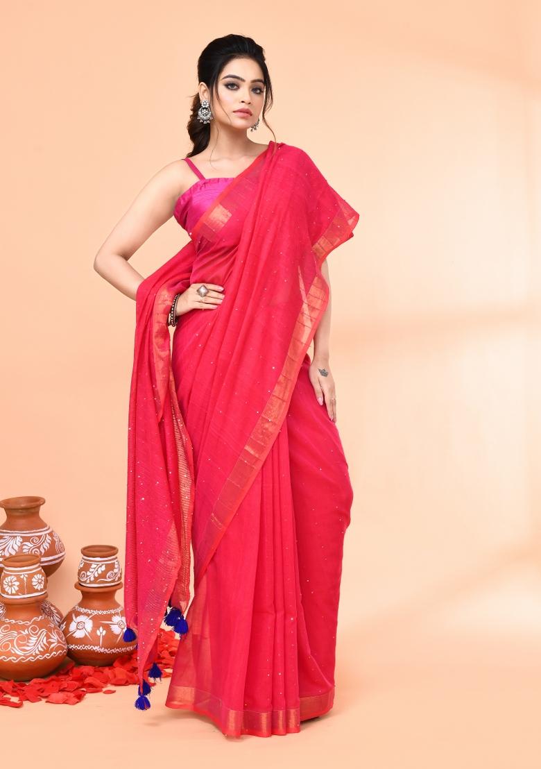 Pink Sequin Embroidered Cotton Saree Set