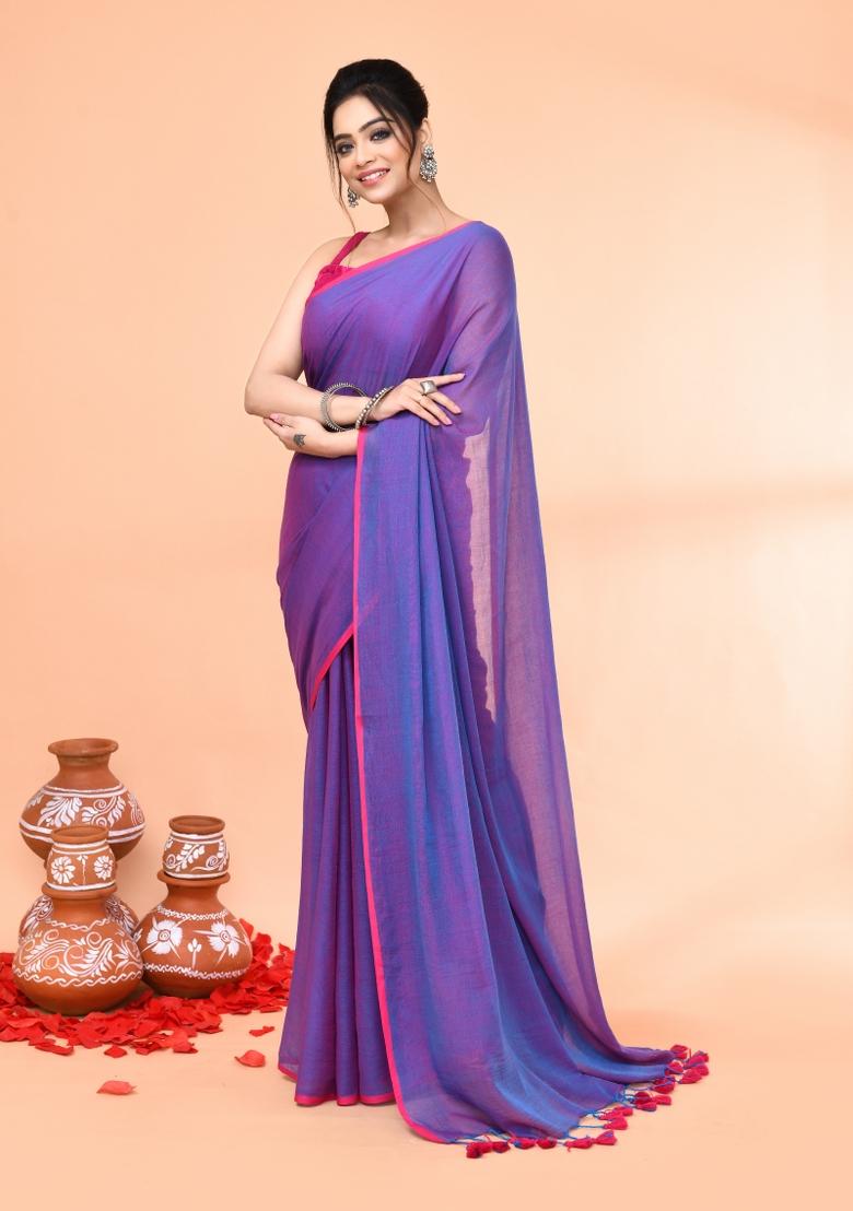 Vivid Indigo Embroidered Cotton Saree