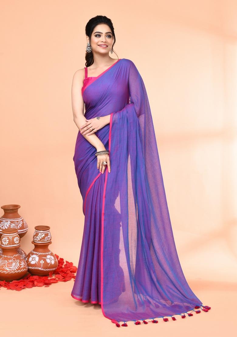 Vivid Indigo Embroidered Cotton Saree