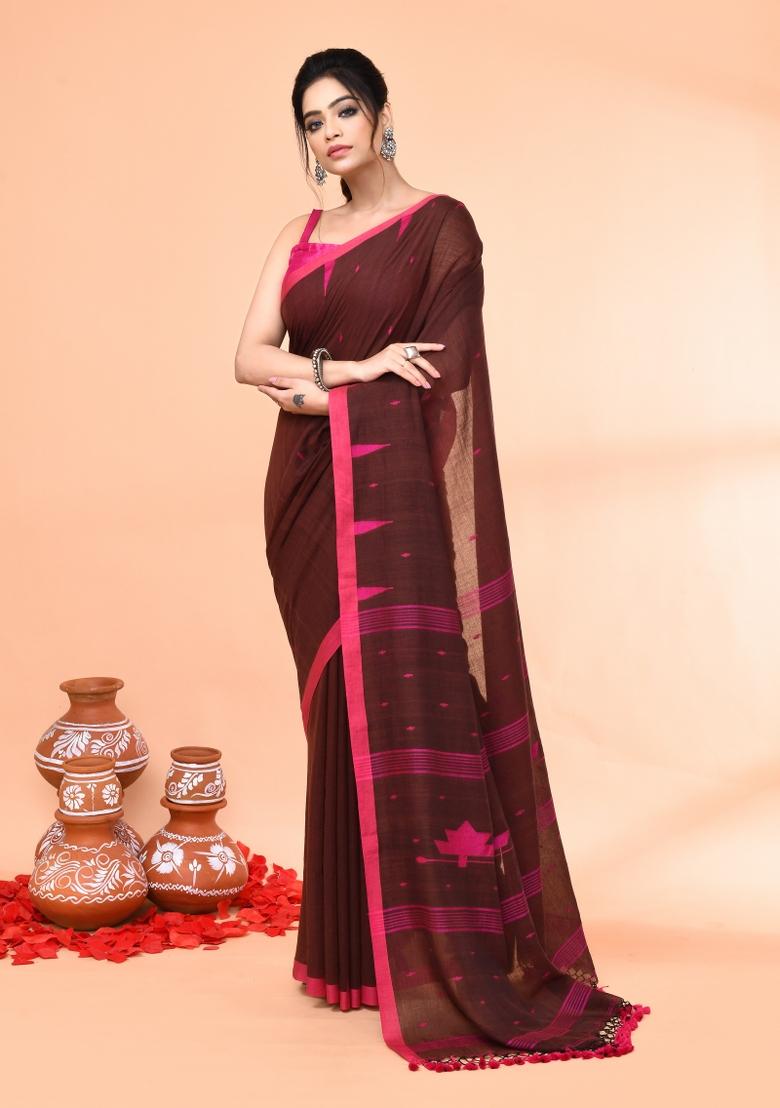Brown Embroidered Cotton Saree Set
