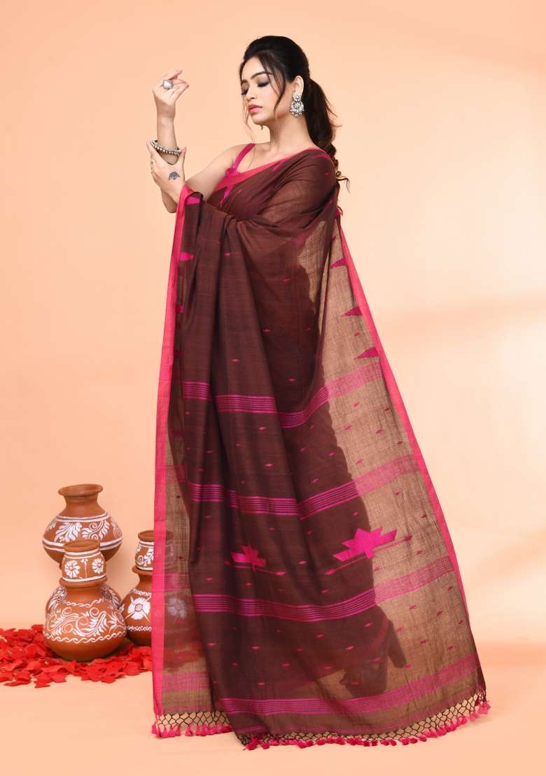 Brown Embroidered Cotton Saree Set for Diwali and Festive Wear - Indya