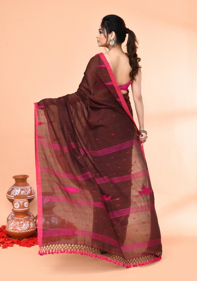 Brown Embroidered Cotton Saree Set