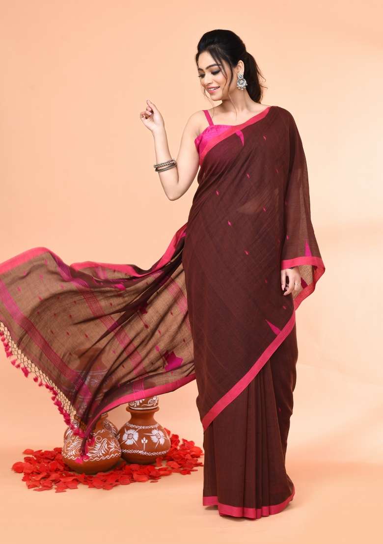 Brown Embroidered Cotton Saree Set for Diwali and Festive Wear - Indya