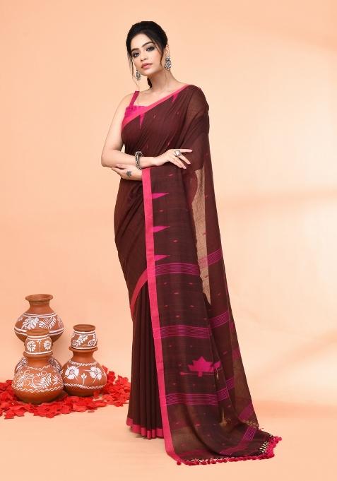 Brown Embroidered Cotton Saree Set