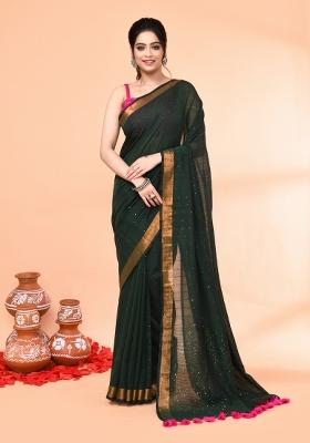 Dark Green Sequin Embroidered Cotton Saree Set