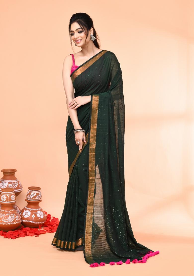 Dark Green Sequin Embroidered Cotton Saree Set