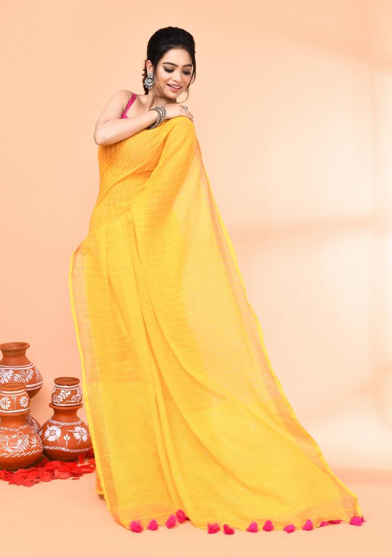 Yellow Sequin Embroidered Cotton Saree Set