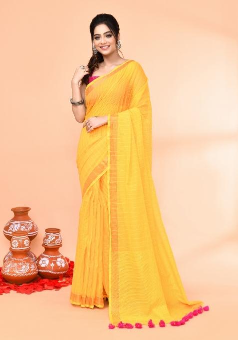 Yellow Sequin Embroidered Cotton Saree Set
