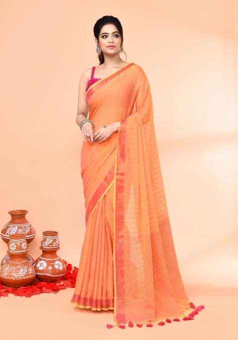 Pale Orange Sequin Embroidered Cotton Saree Set