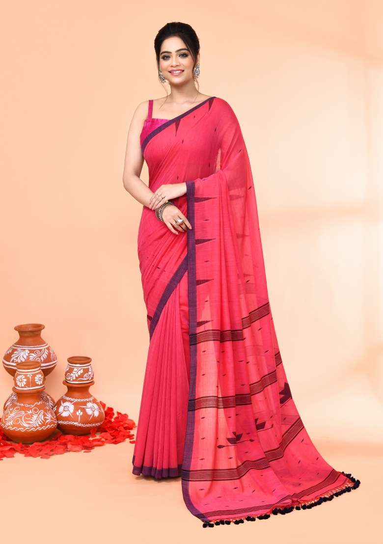 Pink Cotton Saree Set with Embroidered for Diwali | Wedding & Festive Wear - Indya