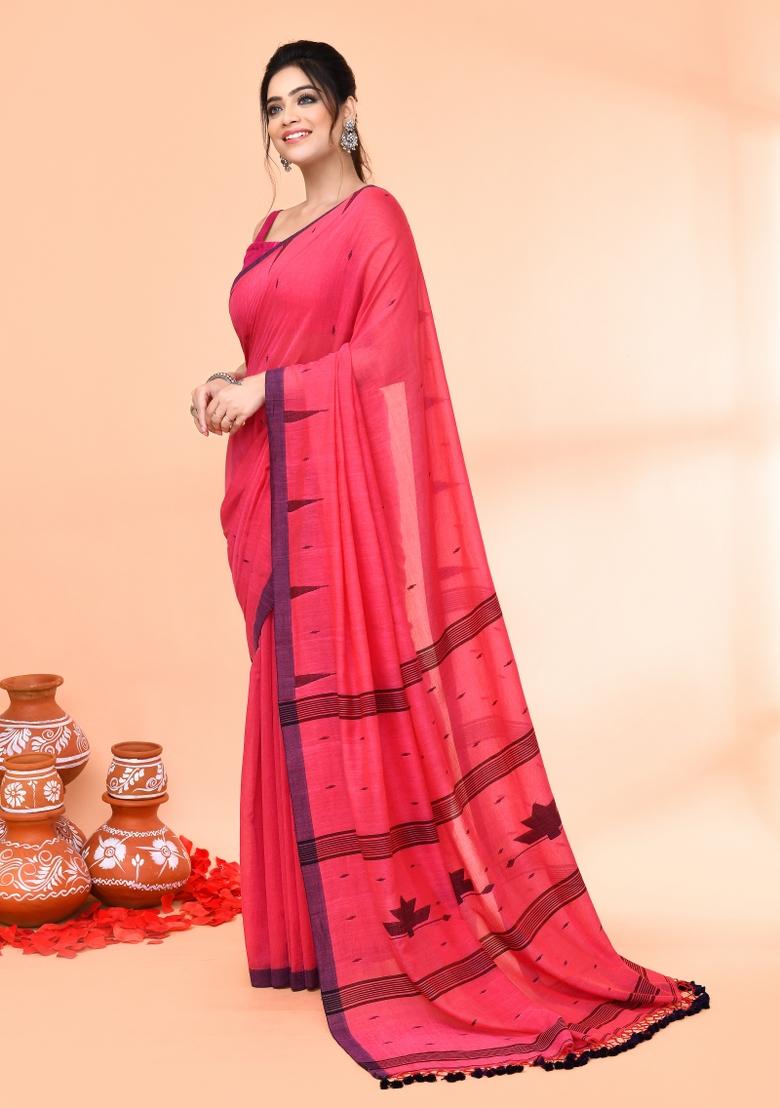 Pink Embroidered Cotton Saree Set