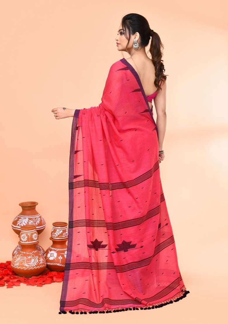 Pink Cotton Saree Set with Embroidered for Diwali | Wedding & Festive Wear - Indya