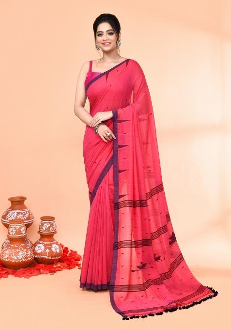 Pink Embroidered Cotton Saree Set