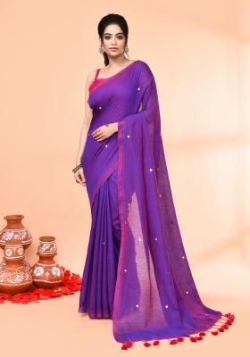 Purple Sequin Embroidered Cotton Saree Set