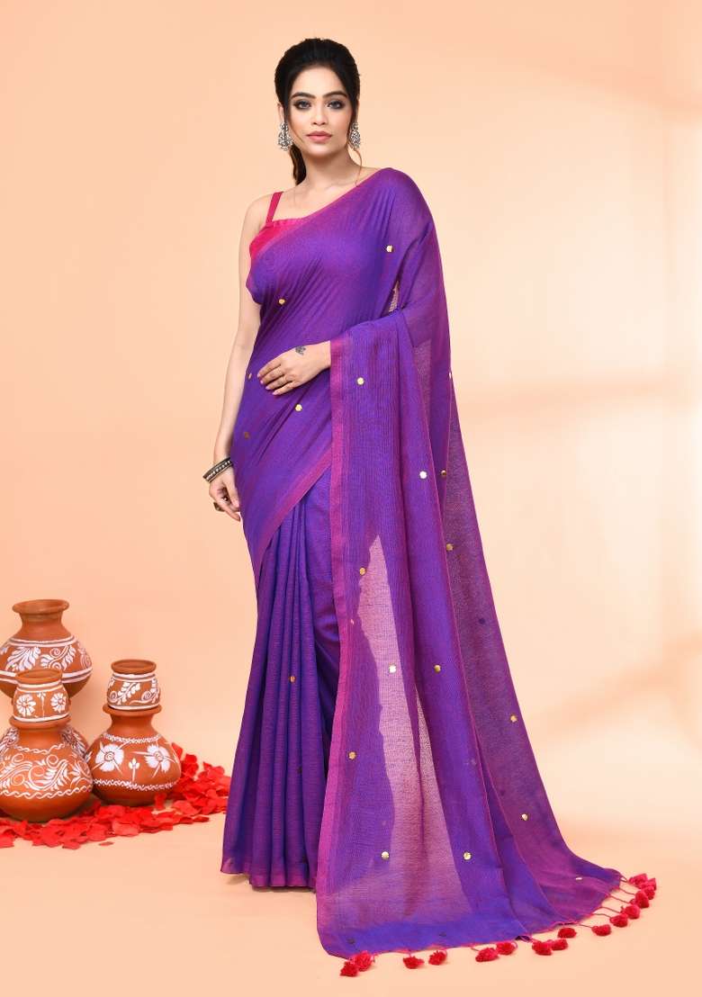 Purple Sequin Embroidered Cotton Saree Set for Diwali and Festive Wear - Indya