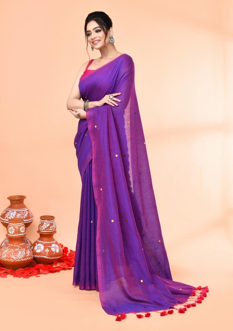Purple Sequin Embroidered Cotton Saree Set
