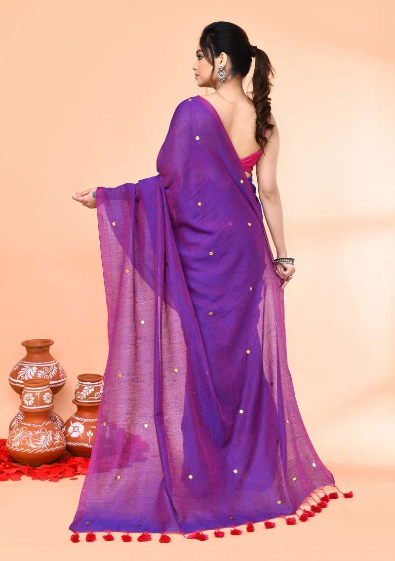 Purple Sequin Embroidered Cotton Saree Set for Diwali and Festive Wear - Indya