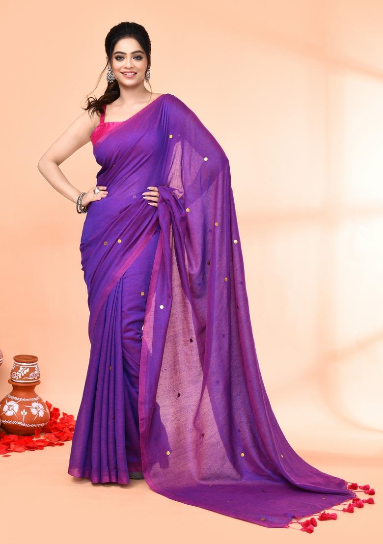 Purple Sequin Embroidered Cotton Saree Set
