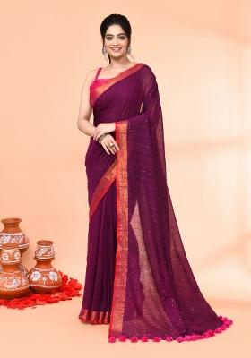 Magenta Sequin Embroidered Cotton Saree Set