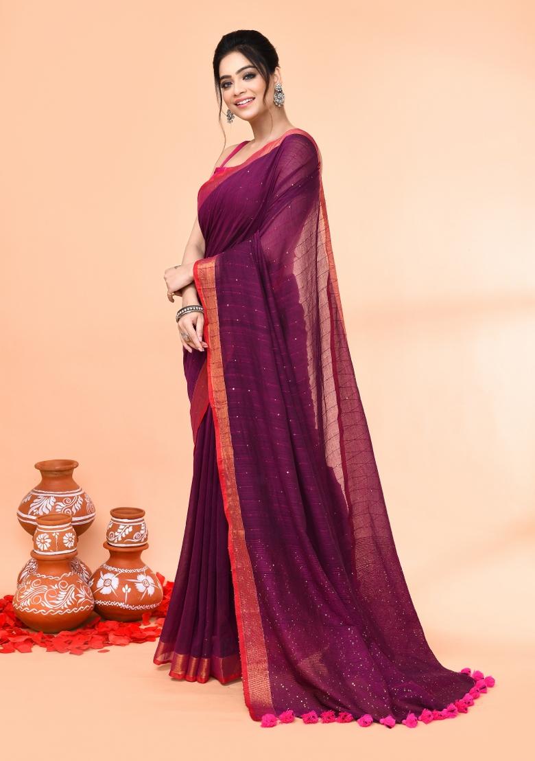 Magenta Sequin Embroidered Cotton Saree Set