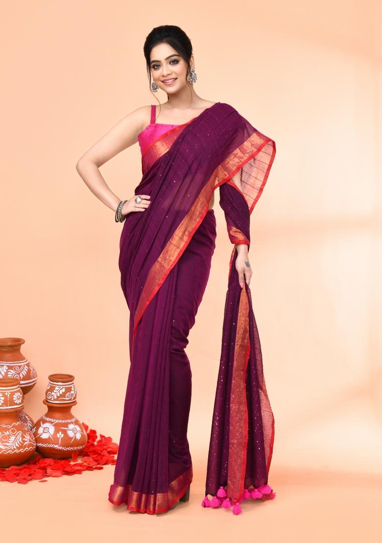 Magenta Sequin Embroidered Cotton Saree Set