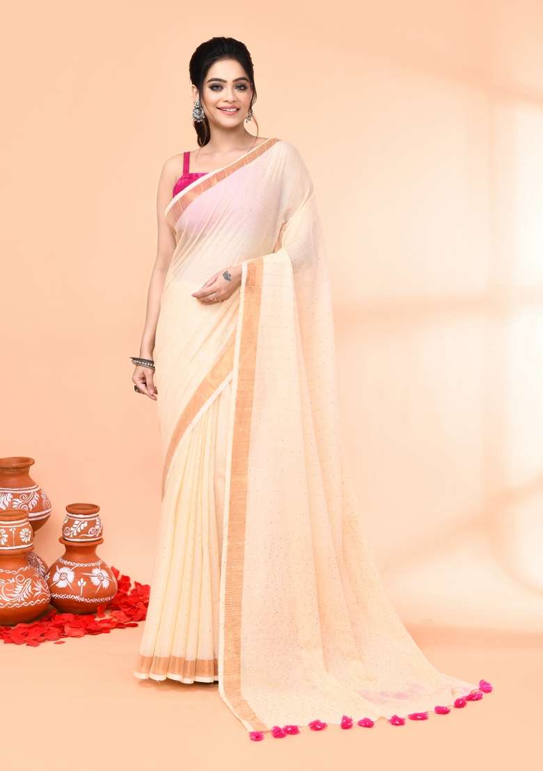 Light Tan Sequin Embroidered Cotton Saree Set for Diwali and Festive Wear - Indya