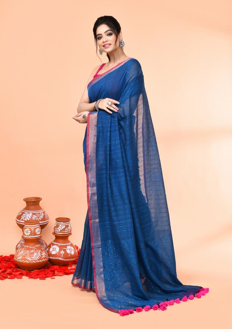 Deep Turquoise Sequin Embroidered Cotton Saree Set