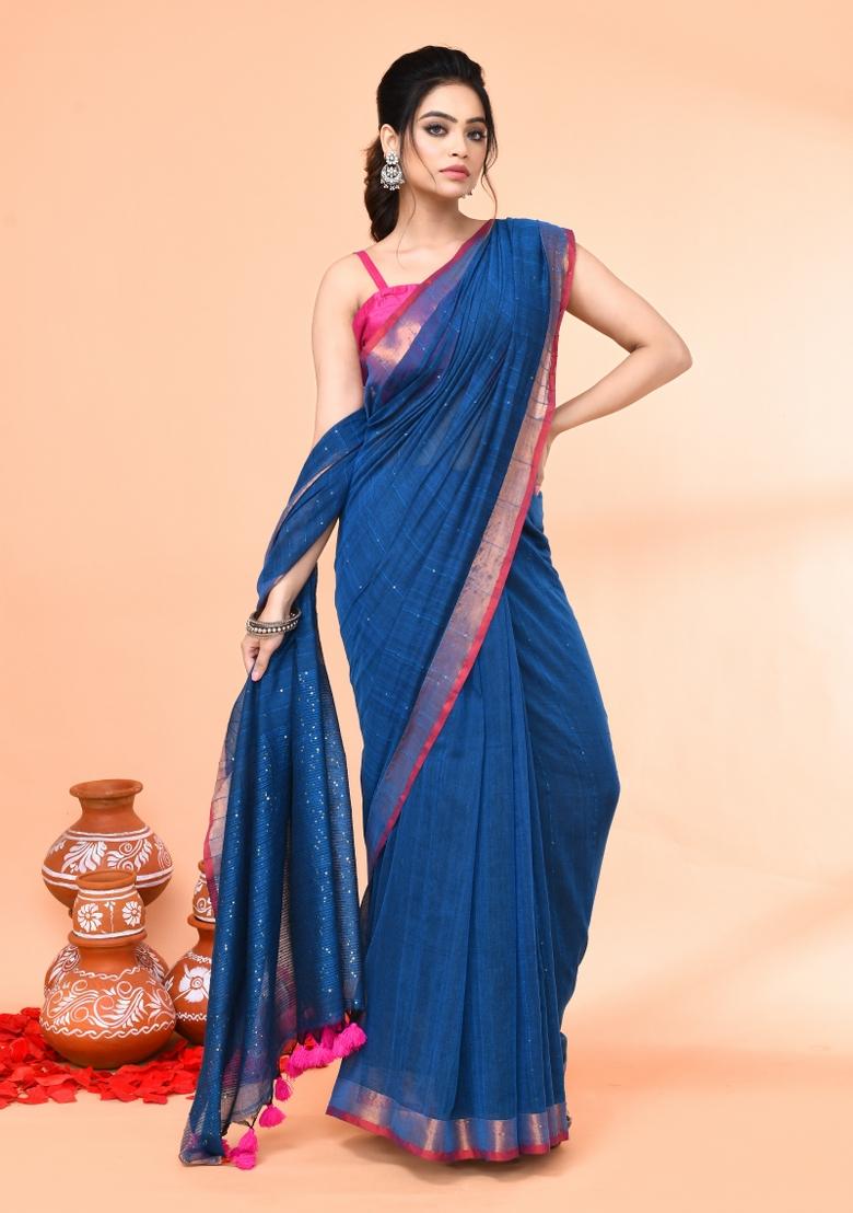 Deep Turquoise Sequin Embroidered Cotton Saree Set