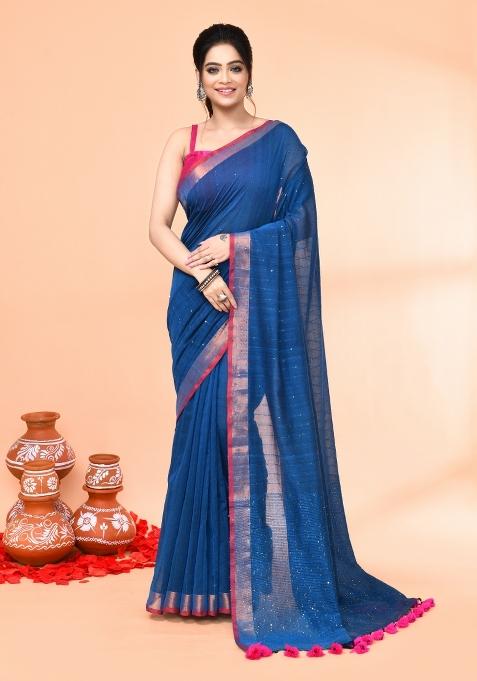 Deep Turquoise Sequin Embroidered Cotton Saree Set