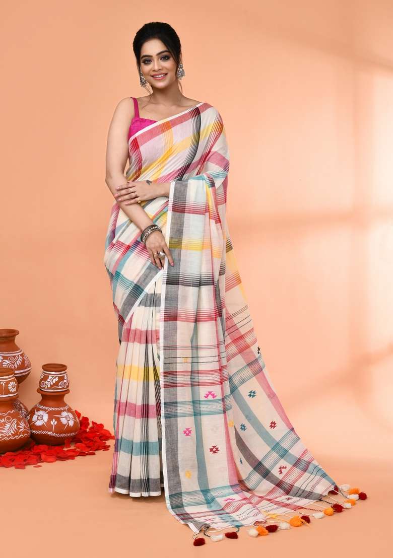 Off White Cotton Saree Set with Embroidered for Diwali | Wedding & Festive Wear - Indya