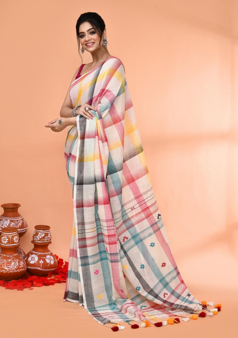 Off White Embroidered Cotton Saree Set