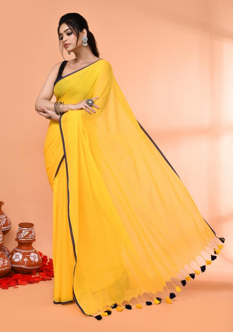 Yellow Embroidered Cotton Saree